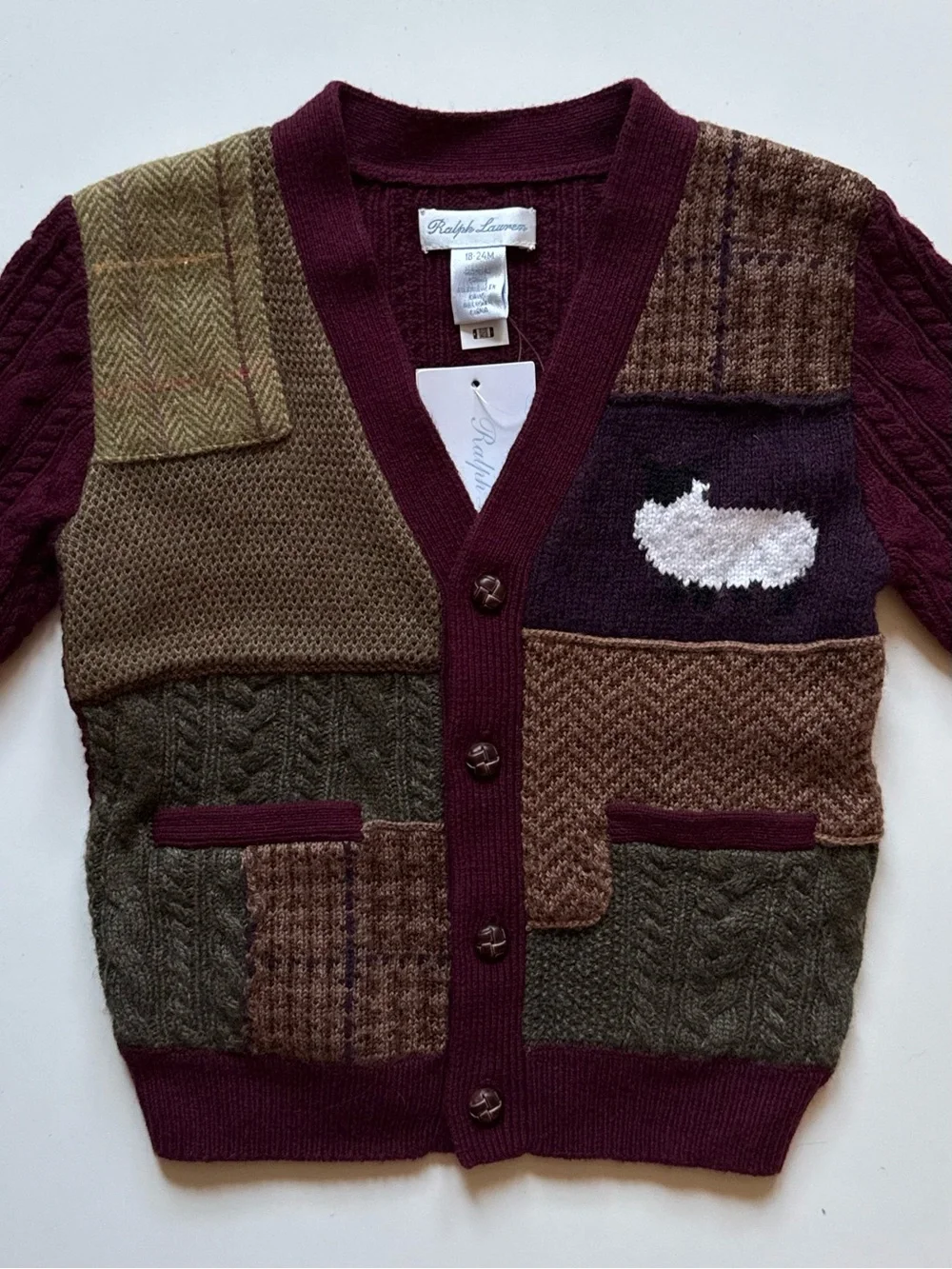Ralph Lauren Baby Unisex Patchwork V-Neck Cardigan - Size 18-24M